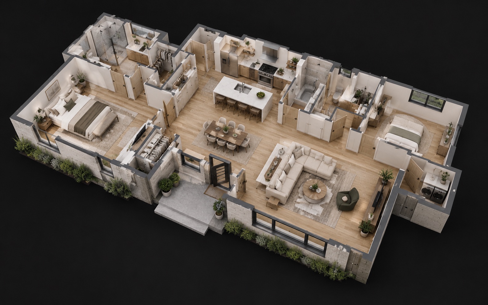 Illustrative 3D dollhouse view showing the connected rooms and layout of a home
