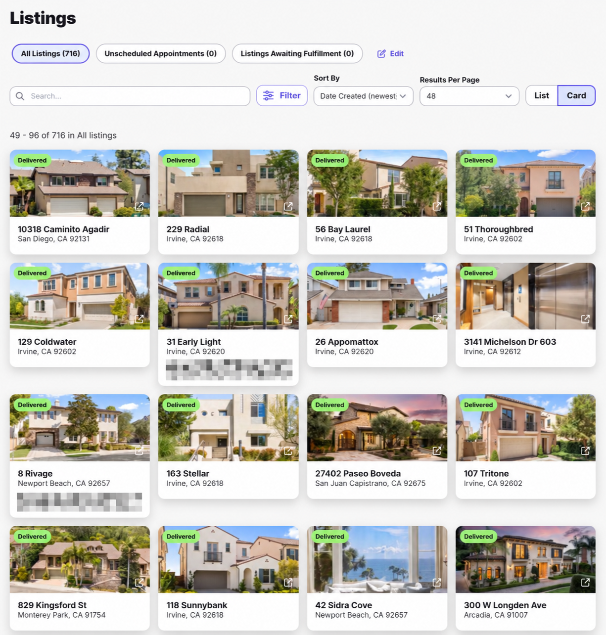 Listing dashboard showing delivered property photography across Southern California